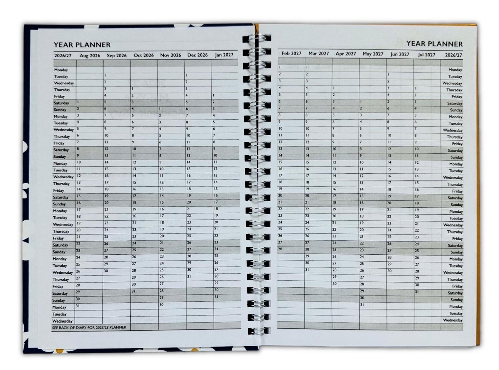 2026-2027 ACADEMIC A5 DAY A PAGE MID YEAR SPIRAL PP COVER STUDENT TEACHER DIARY