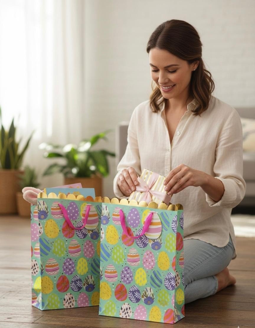 4 Pcs Large Easter Wreath Luxury Present Gift Bags Easter Egg Gift Bag with Tag