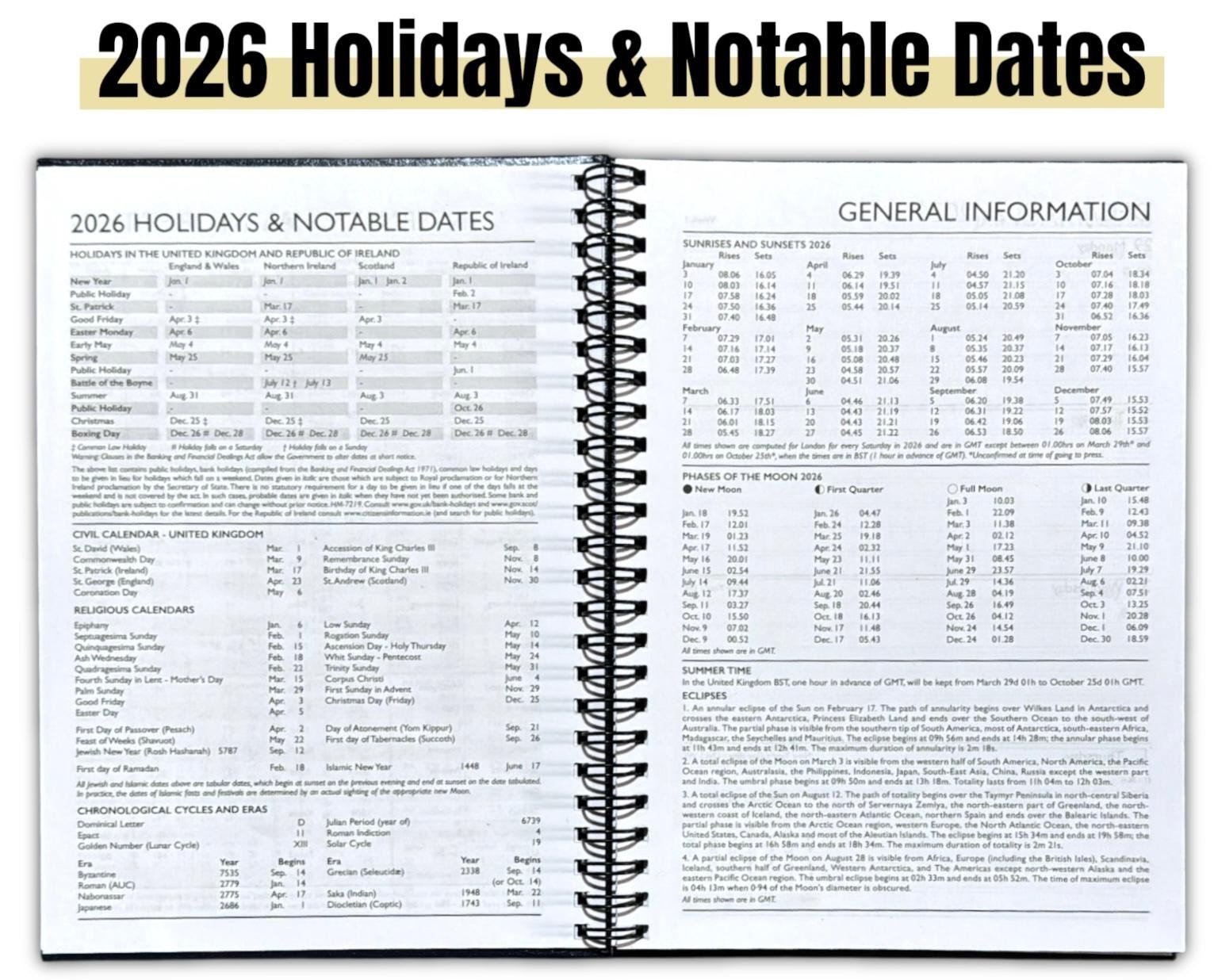 2026 A5 Week To View Diary Spiral Hardback Full Year Planner Desk Wiro Organiser