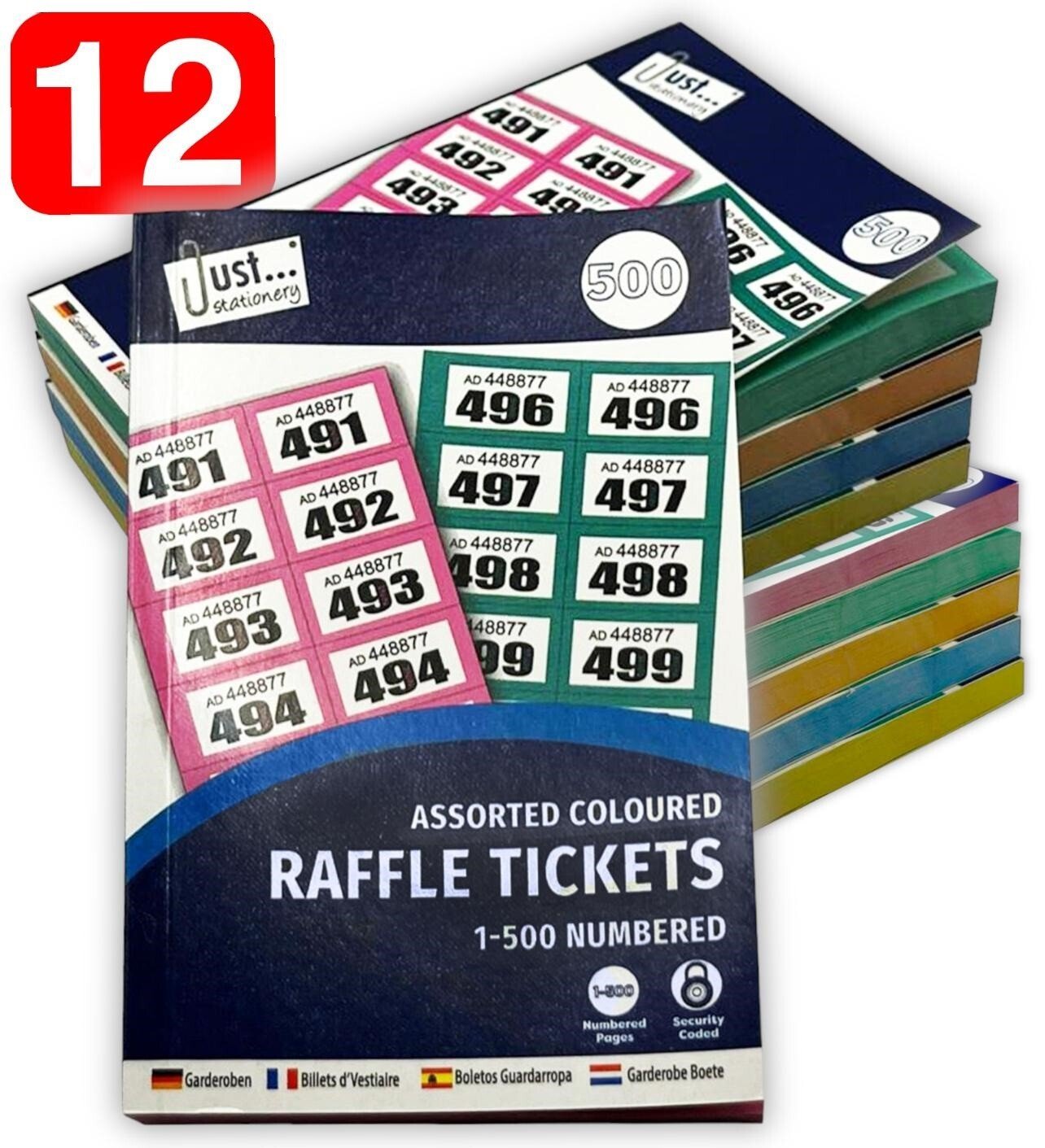12 Pack Books of Cloakroom Raffle Tombola Draw Tickets Numbered 1 - 500 NEW