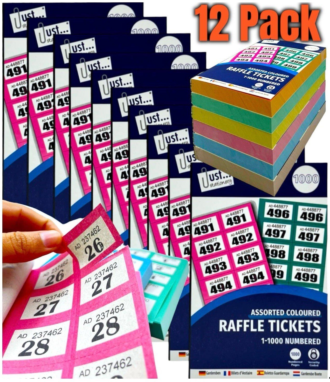 12 Pack Books of Cloakroom Raffle Tombola Draw Tickets Numbered 1 - 1000 NEW