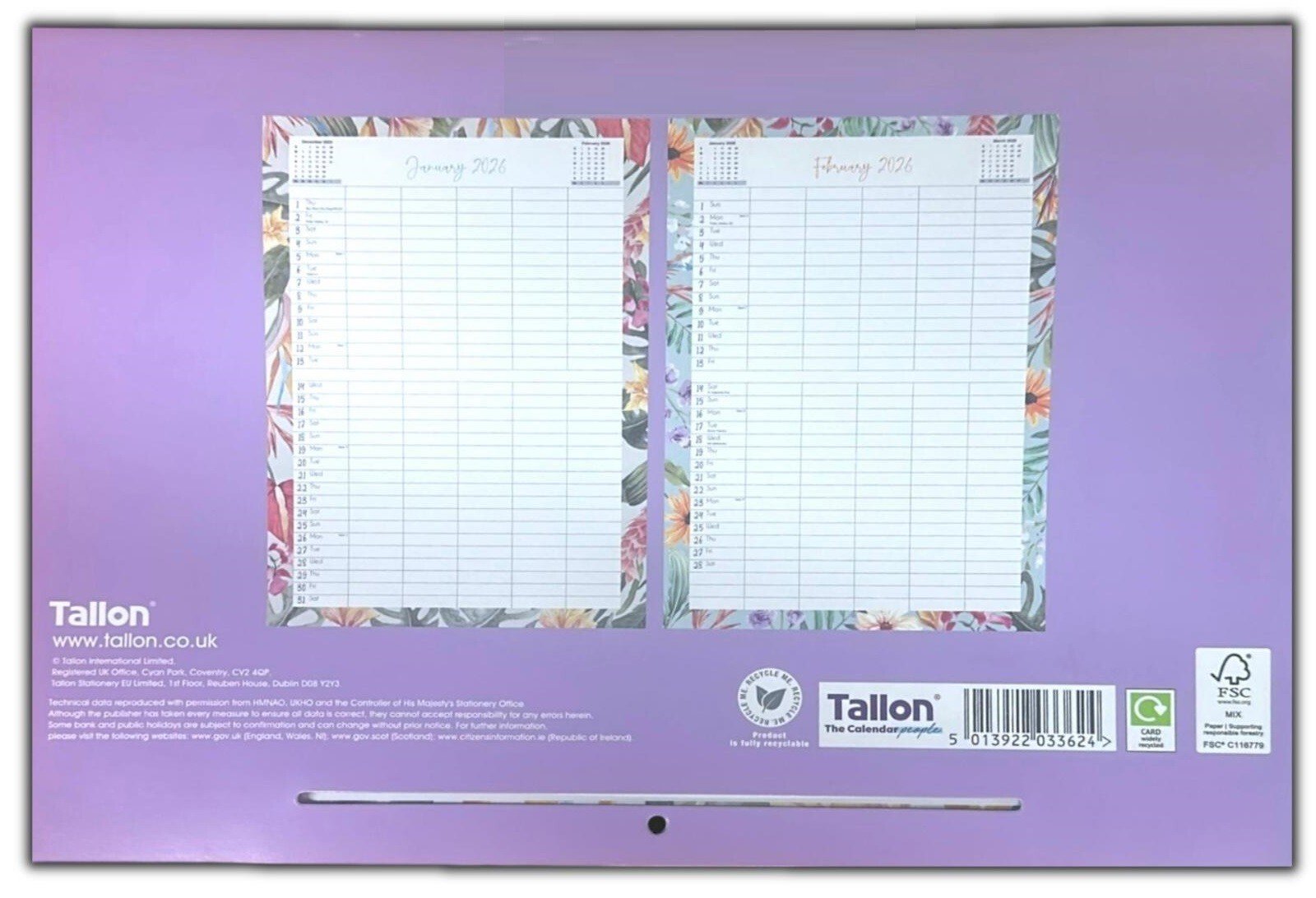 2026 Calendar Wall Monthly Planner Staff Rota Family Organiser Floral Home Decor