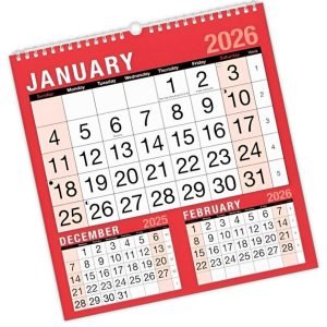 2026 3 Months to View Spiral Bound Wall Calendar Red and White – 60 gsm Paper