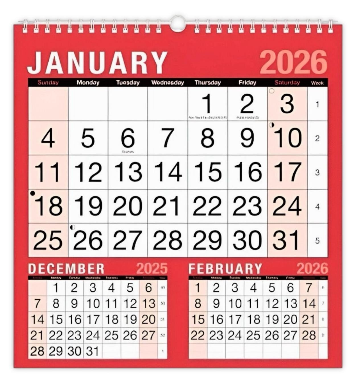 2026 3 Months to View Spiral Bound Wall Calendar Red and White - 60 gsm Paper