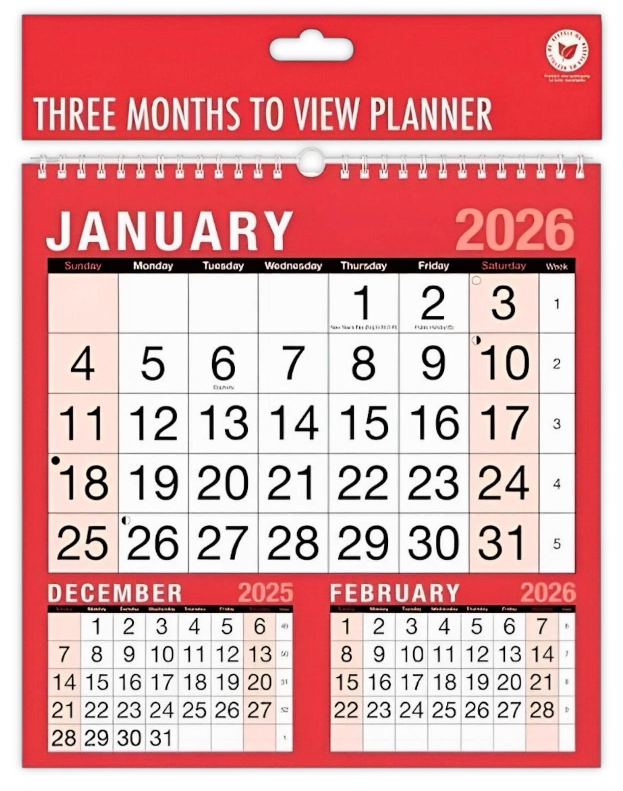 2026 Wall Calendar Calendar Large - 3 Months to View Planner Easy View Calendar