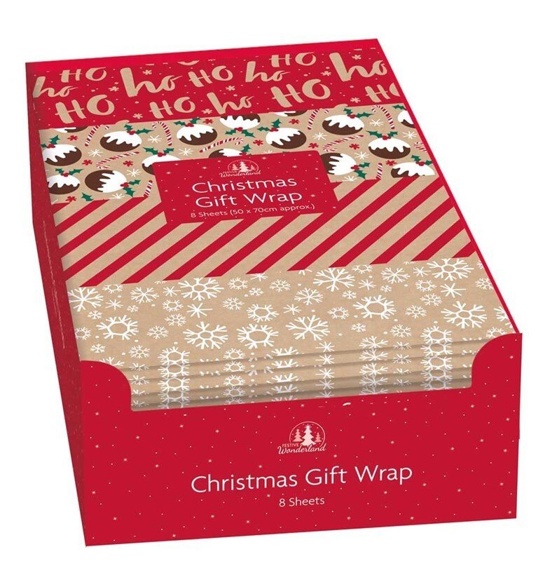 Christmas Gift Wrapping Paper Mix Festive Traditional Each 50cm x 70cm 8 Sheets