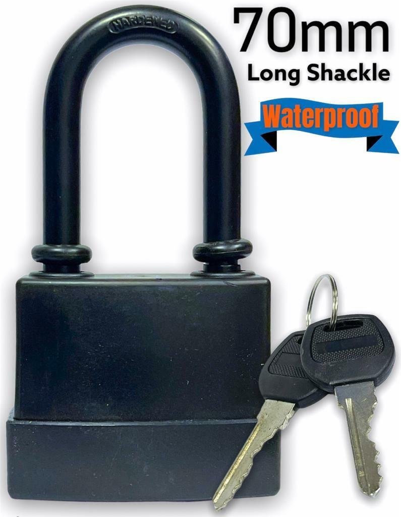 70mm HEAVY DUTY WEATHERPROOF WATERPROOF LAMINATED LONG SHACKLE PADLOCK + 2 KEYS
