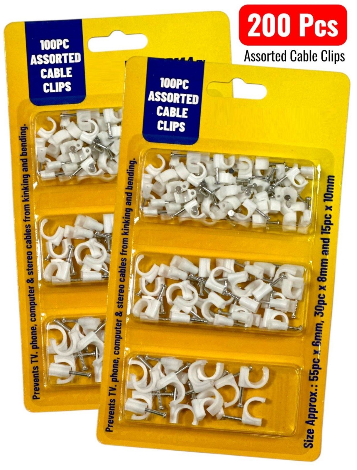 200 Pack White CABLE CLIPS 3 Assorted Sizes Wall Tacks Wire Cord Detangle Clamp