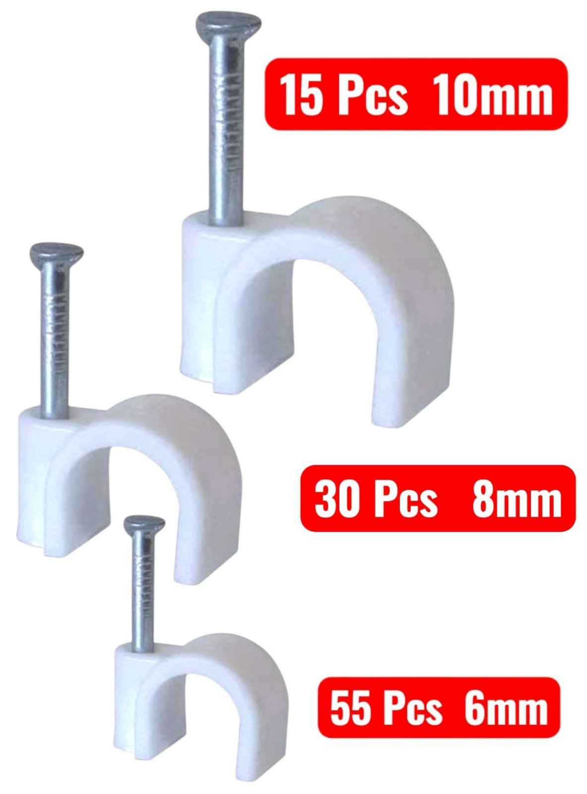 200 Pack White CABLE CLIPS 3 Assorted Sizes Wall Tacks Wire Cord Detangle Clamp
