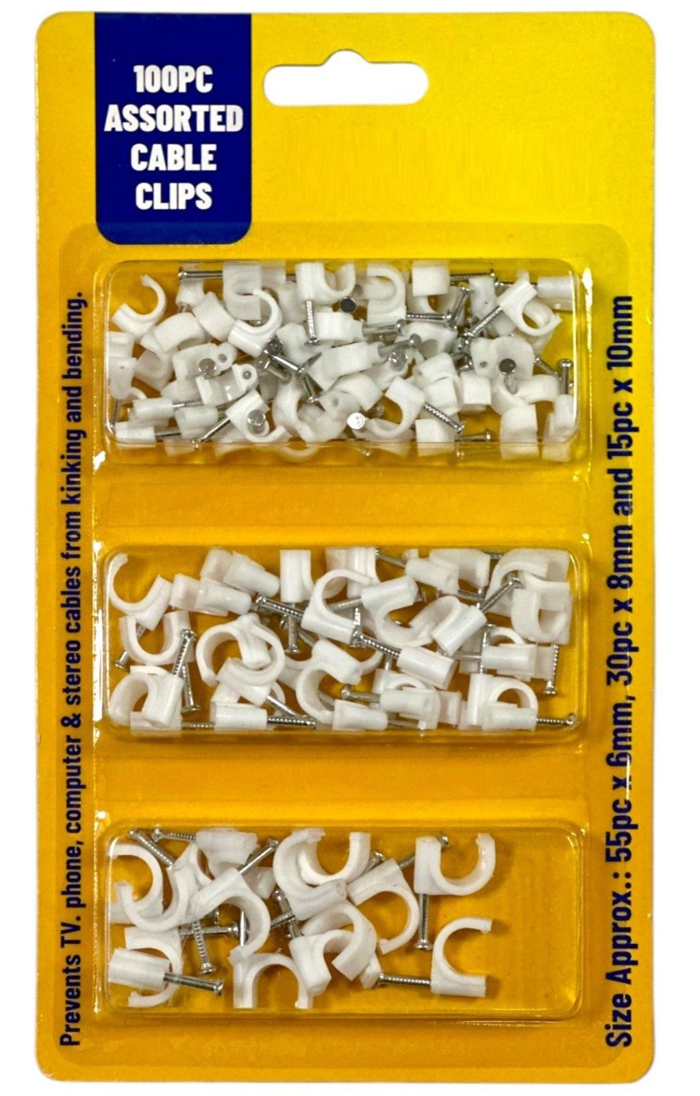 200 Pack White CABLE CLIPS 3 Assorted Sizes Wall Tacks Wire Cord Detangle Clamp