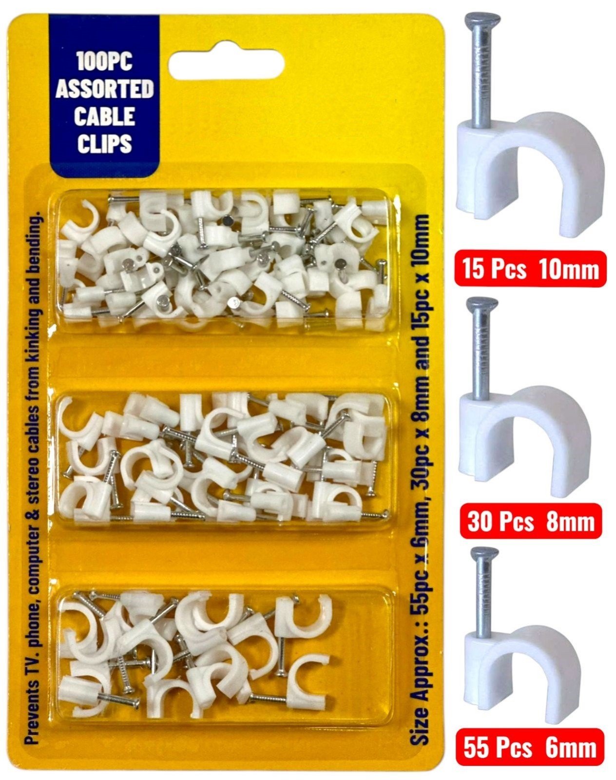 200 Pack White CABLE CLIPS 3 Assorted Sizes Wall Tacks Wire Cord Detangle Clamp