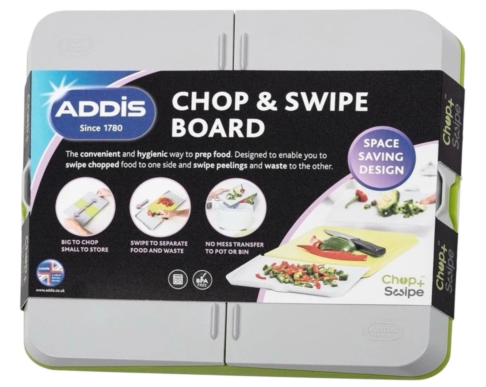 Addis Chop & Swipe Chopping Board Space Saving Design with easy pour side trays