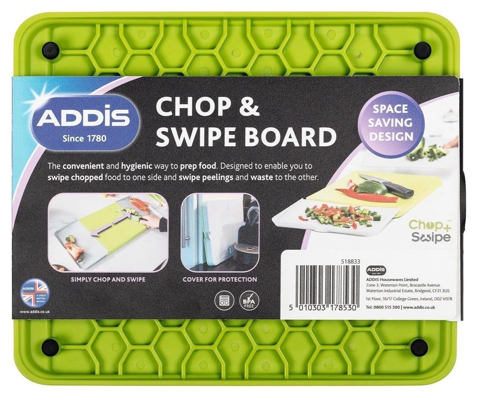 Addis Chop & Swipe Chopping Board Space Saving Design with easy pour side trays