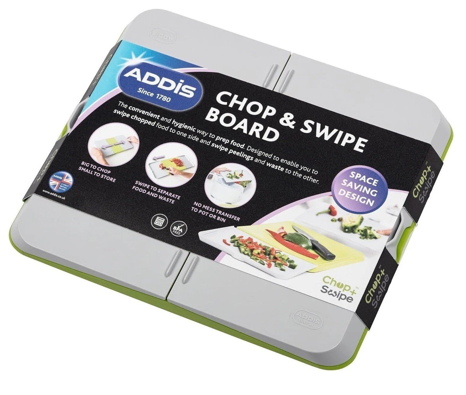 Addis Chop & Swipe Chopping Board Space Saving Design with easy pour side trays