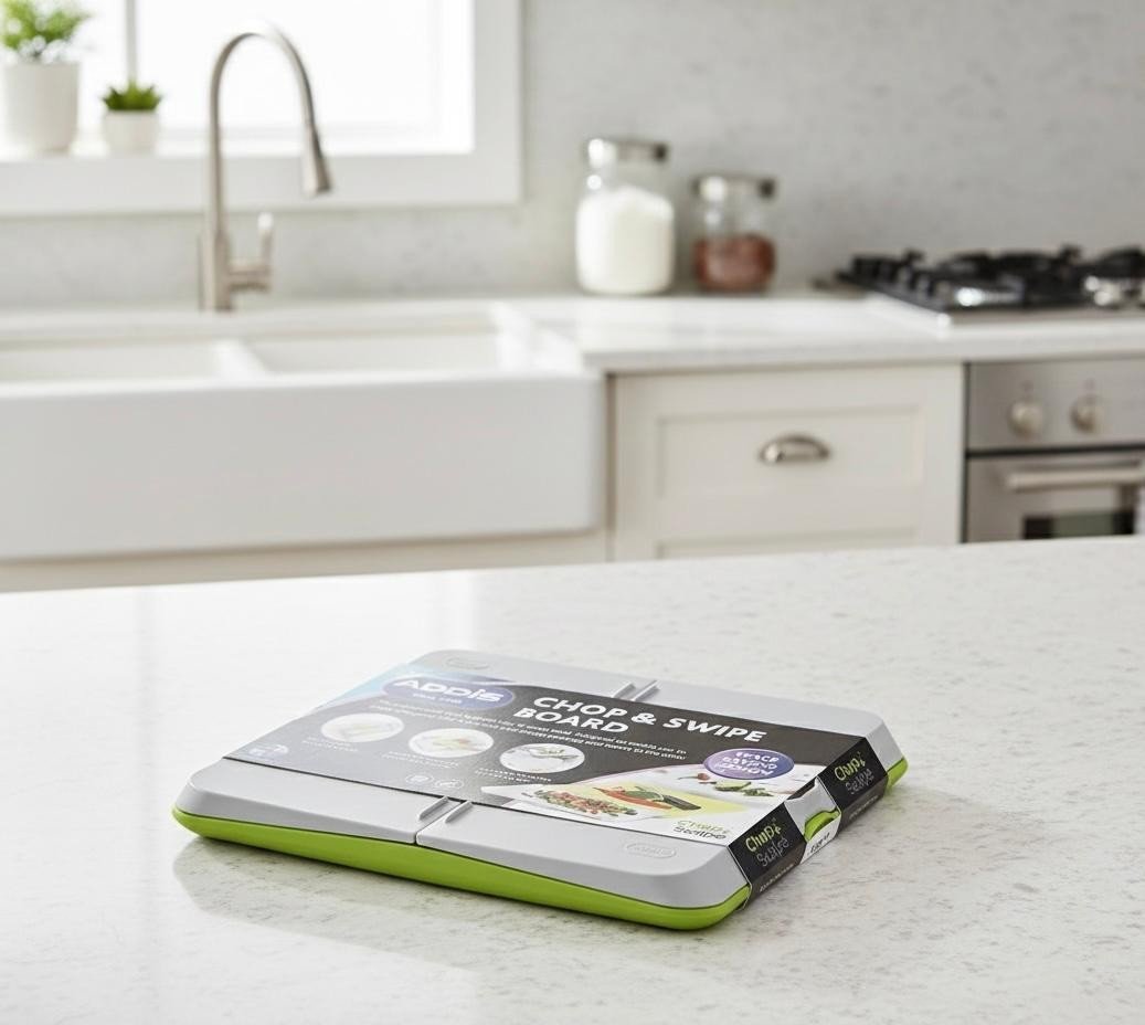 Addis Chop & Swipe Chopping Board Space Saving Design with easy pour side trays
