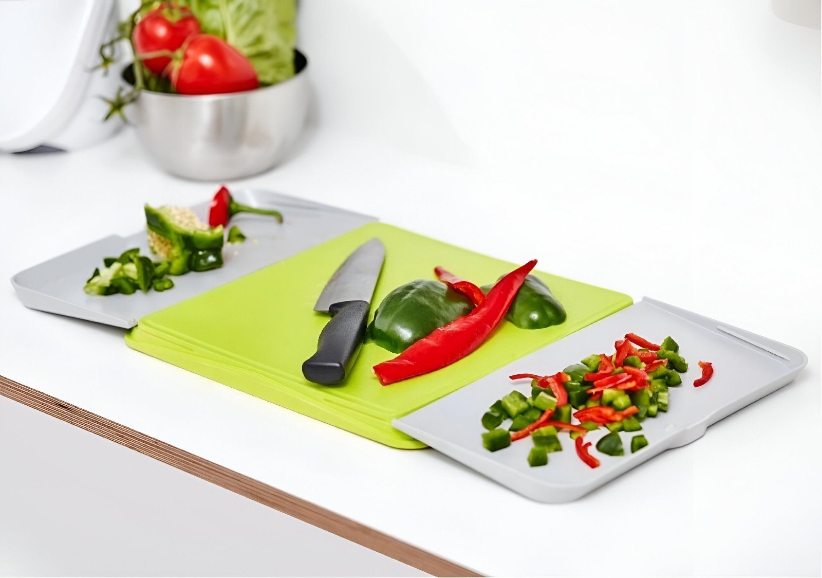 Addis Chop & Swipe Chopping Board Space Saving Design with easy pour side trays