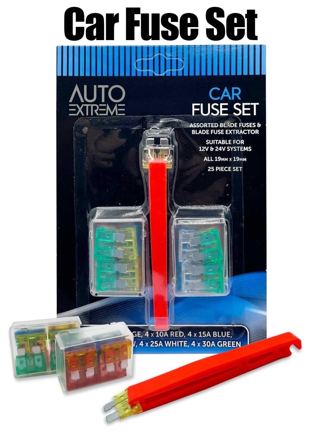 24 Standard Blade Fuses Car Auto Fuse Set Mixed Assorted with Puller Extractor