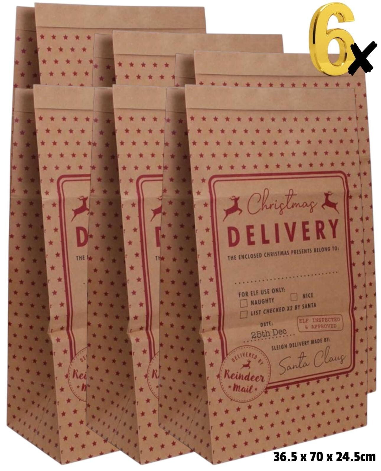 6 Pack Giant Christmas Paper Kraft Sack Stocking Father Xmas Gift Present Bag UK