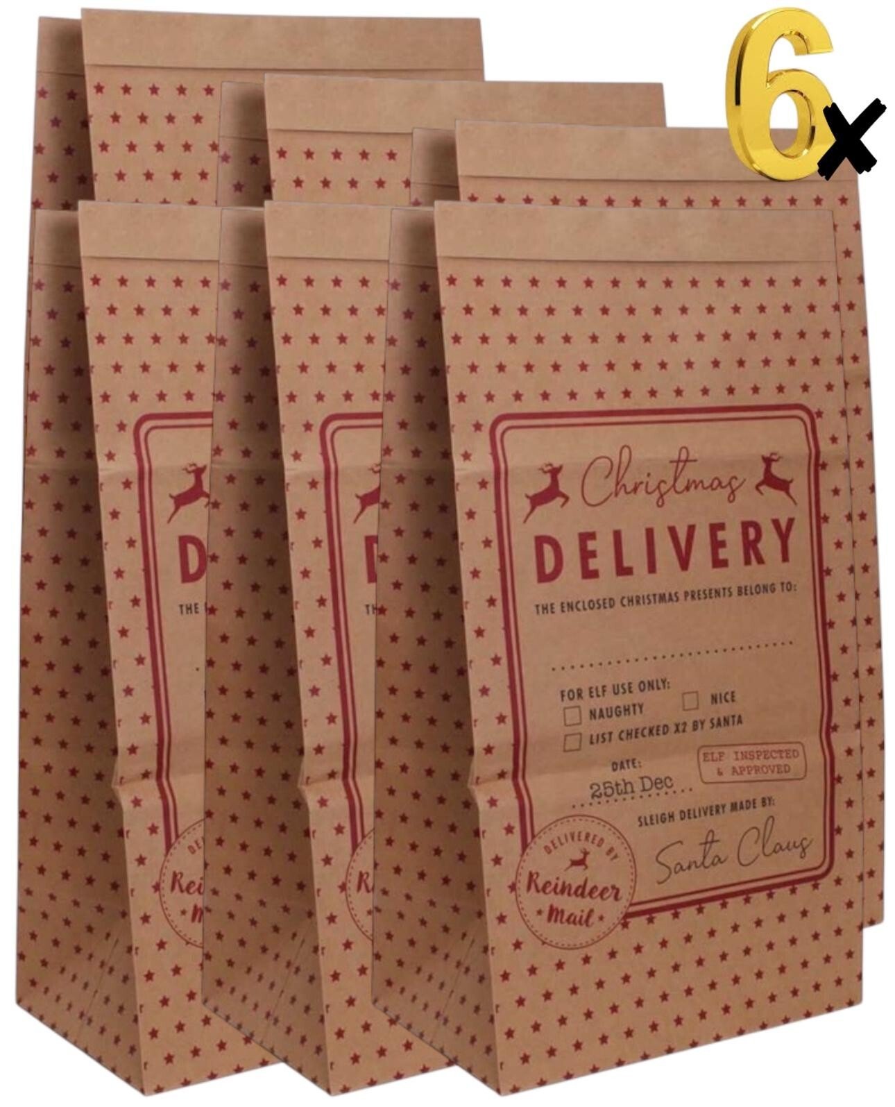 6 Pack Giant Christmas Paper Kraft Sack Stocking Father Xmas Gift Present Bag UK