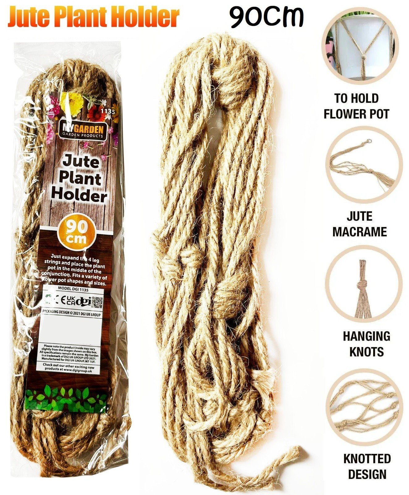 90CM MACRAME JUTE PLANT HANGER FLOWER POT HOLDER WALL ART GARDEN HANGING ROPE UK