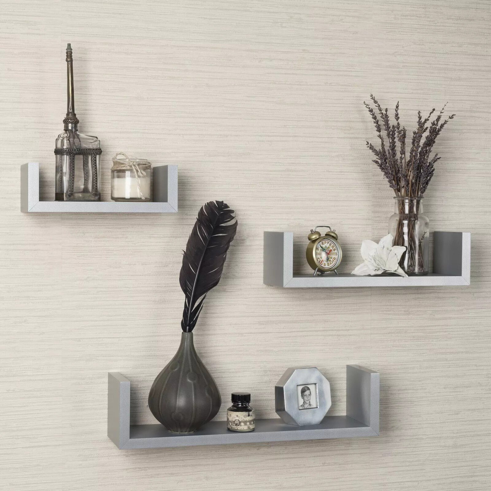 Set of 3 Floating Shelves Wall Mounted Storage Display Shelf Kit Home Decor GREY