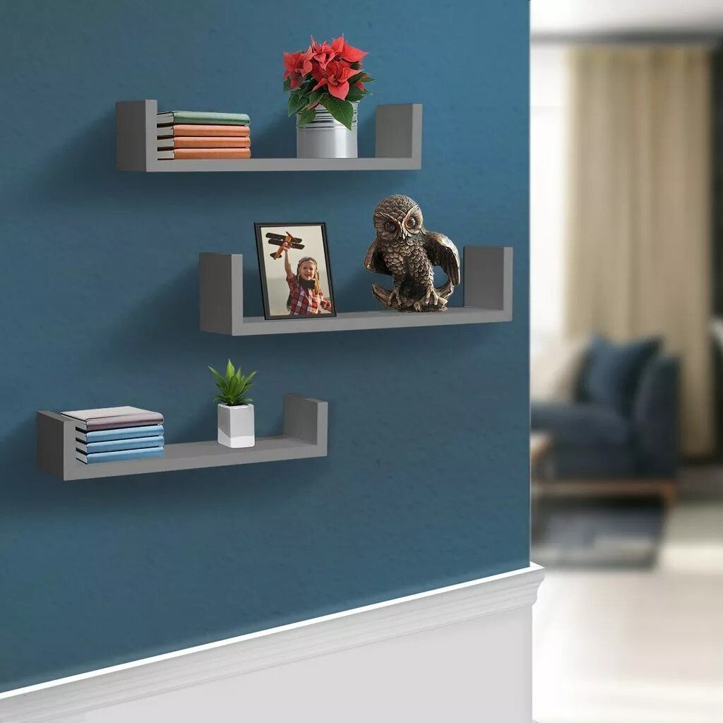 Set of 3 Floating Shelves Wall Mounted Storage Display Shelf Kit Home Decor GREY