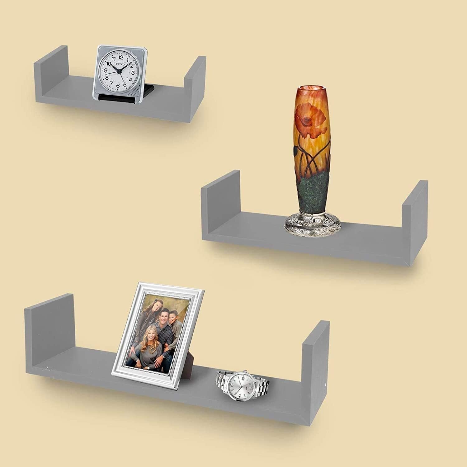 Set of 3 Floating Shelves Wall Mounted Storage Display Shelf Kit Home Decor GREY