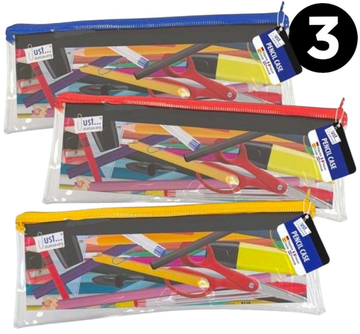 3 Pcs CLEAR EXAM 13" PENCIL CASE Coloured Zips Pen Office Stationery Kids School