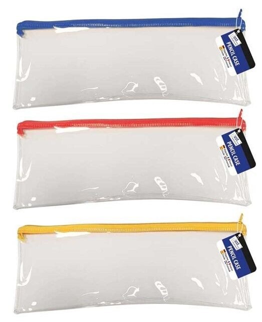 3 Pcs CLEAR EXAM 13" PENCIL CASE Coloured Zips Pen Office Stationery Kids School