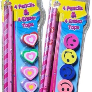 8 x PENCIL & ERASER TOPPER CUTE SET School Party Fun Bag Stocking Filler Pencils