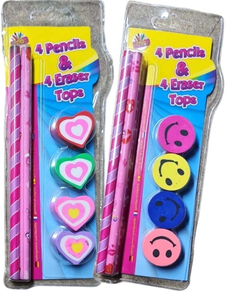 8 x PENCIL & ERASER TOPPER CUTE SET School Party Fun Bag Stocking Filler Pencils