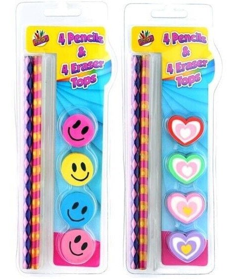 8 x PENCIL & ERASER TOPPER CUTE SET School Party Fun Bag Stocking Filler Pencils