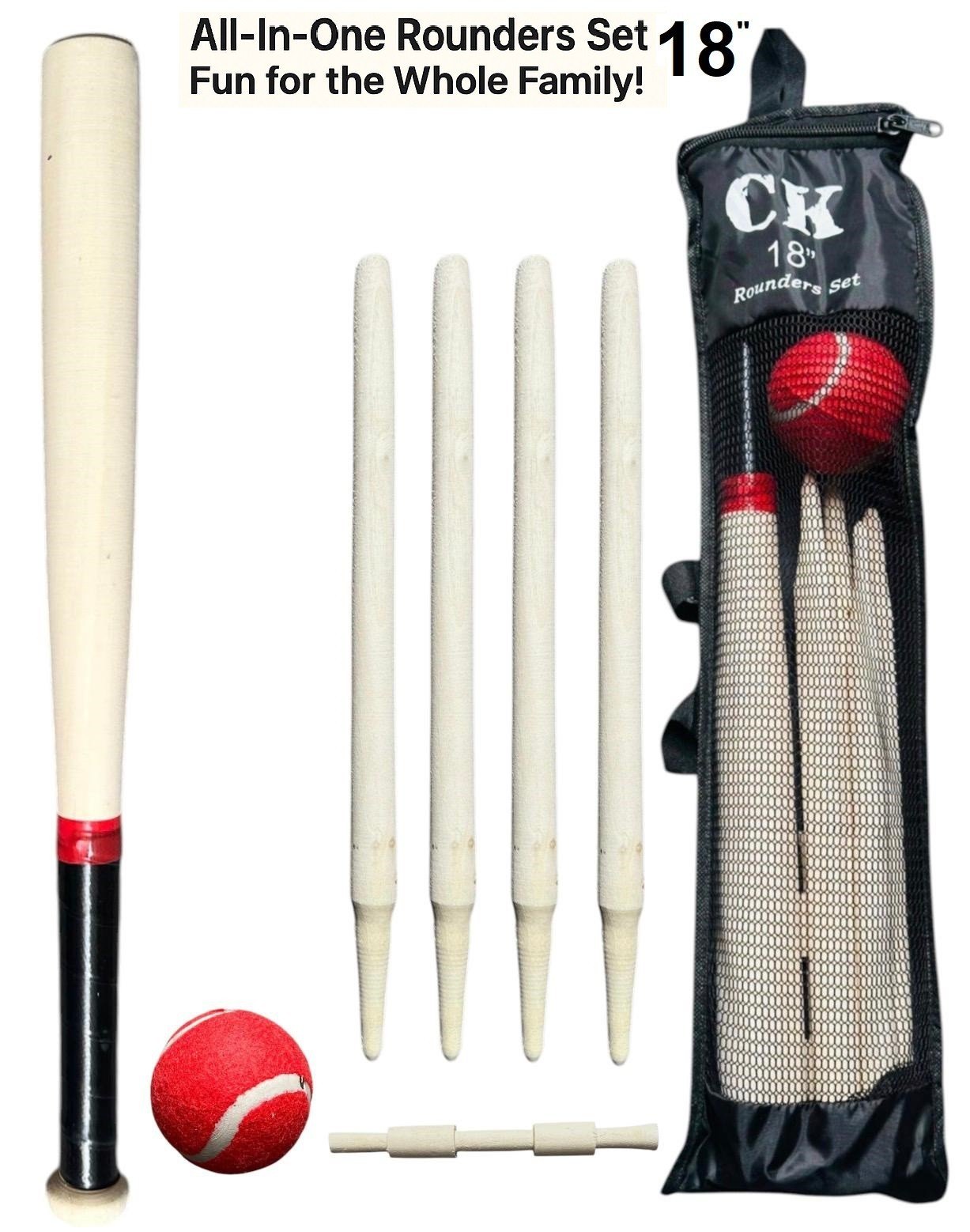 DELUXE 18" ROUNDERS WOODEN 6 PC SET BAT BALL IN MESH BAG SUMMER FUN WITH HANGTAG
