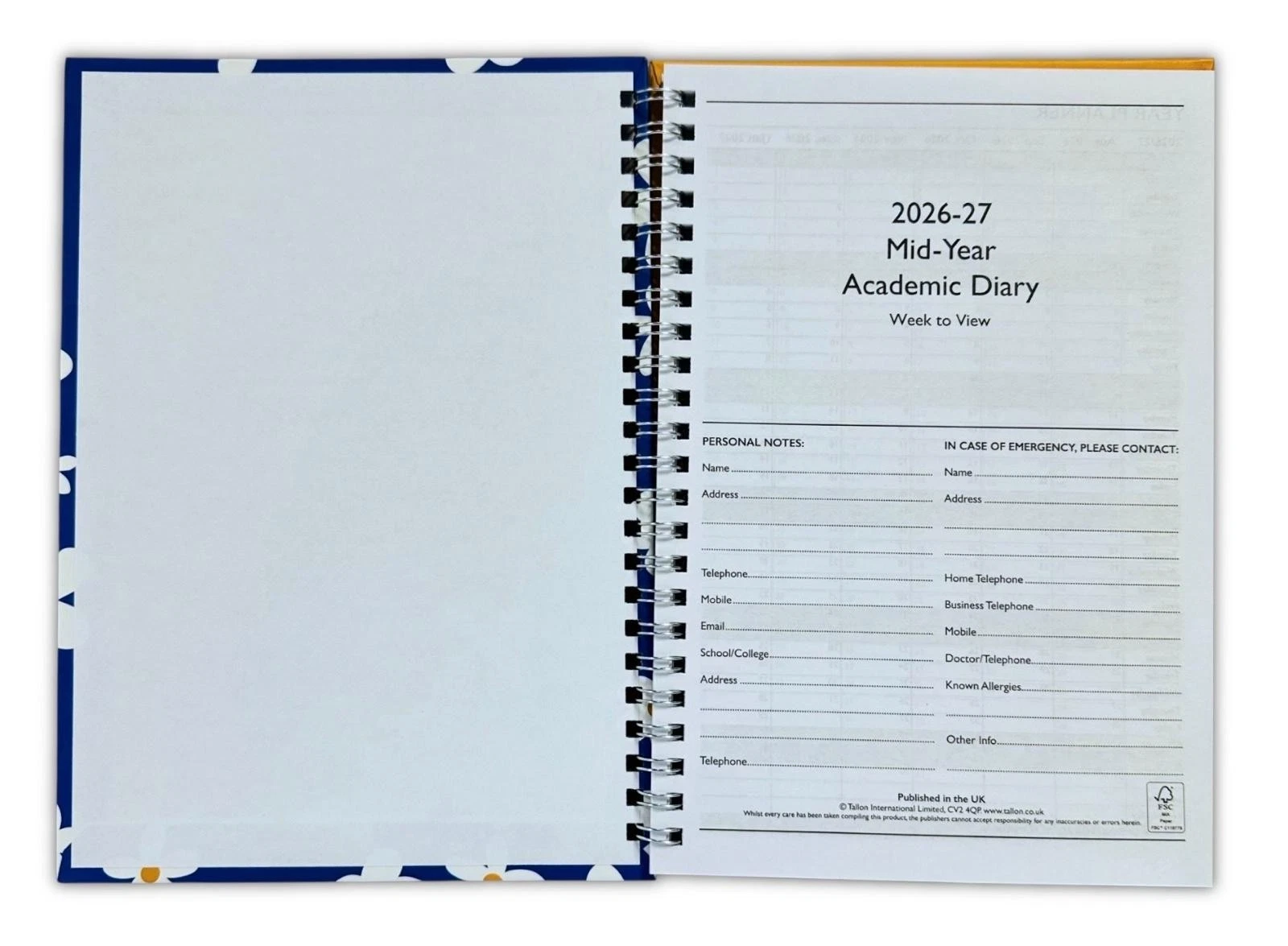 2026-2027 A5 Week to View Academic Diary Hardback Spiral Student Teacher Diary