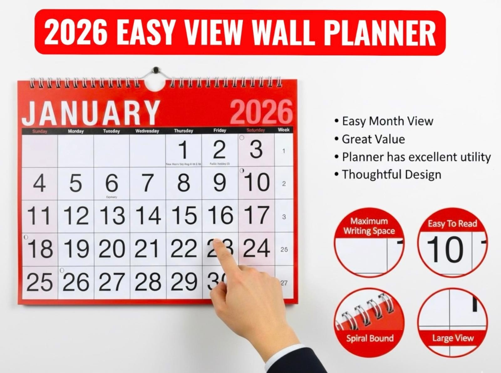2026 LARGE MONTH TO VIEW PLANNER QUALITY CALENDER WALL HANGING PLANNER R & W