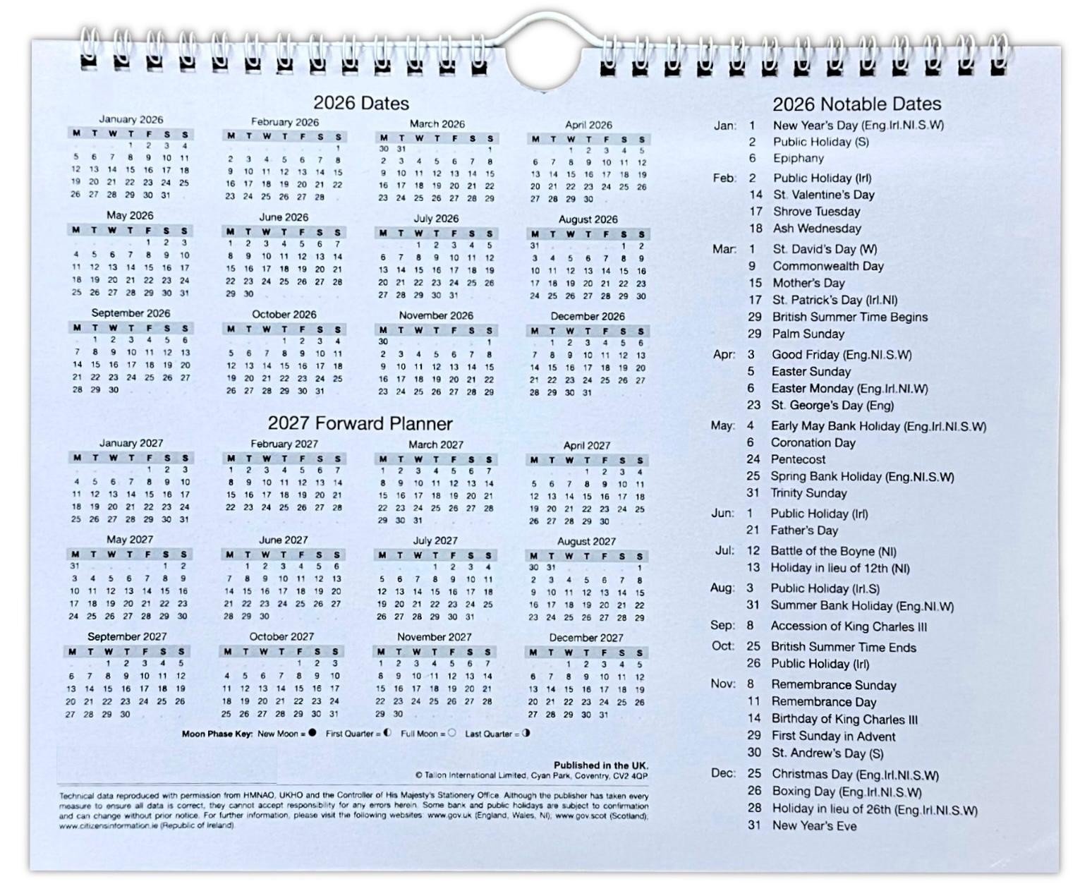 2026 LARGE MONTH TO VIEW PLANNER QUALITY CALENDER WALL HANGING PLANNER R & W