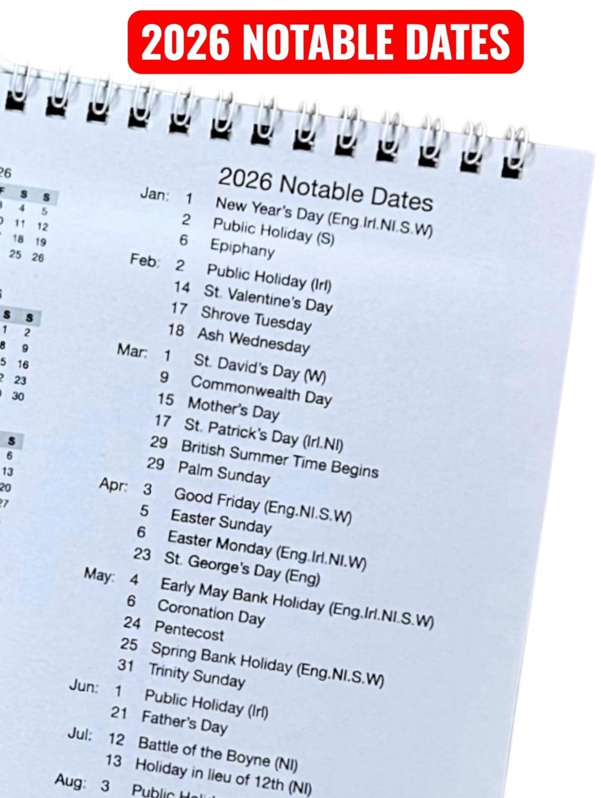 2026 LARGE MONTH TO VIEW PLANNER QUALITY CALENDER WALL HANGING PLANNER R & W