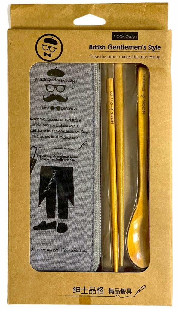 Gentleman's Style Reusable Bamboo Cutlery Travel Set Spoon Chopstick Utensils UK