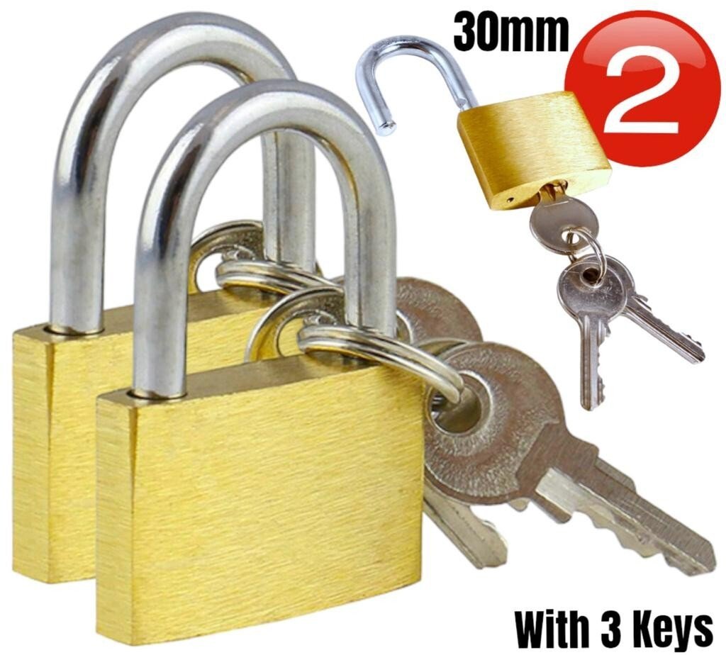 2 X 30mm Brass Padlocks Pad Locks Suitcase Luggage Pad Lock 3 Keys per Lock