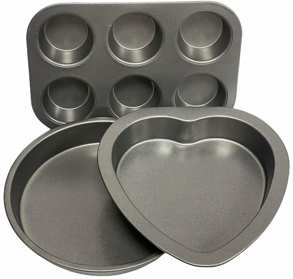 SET OF 3 Heart Shaped Cake Tin Non Stick Carbon Steel Bake Pan Cheesecake Loaf