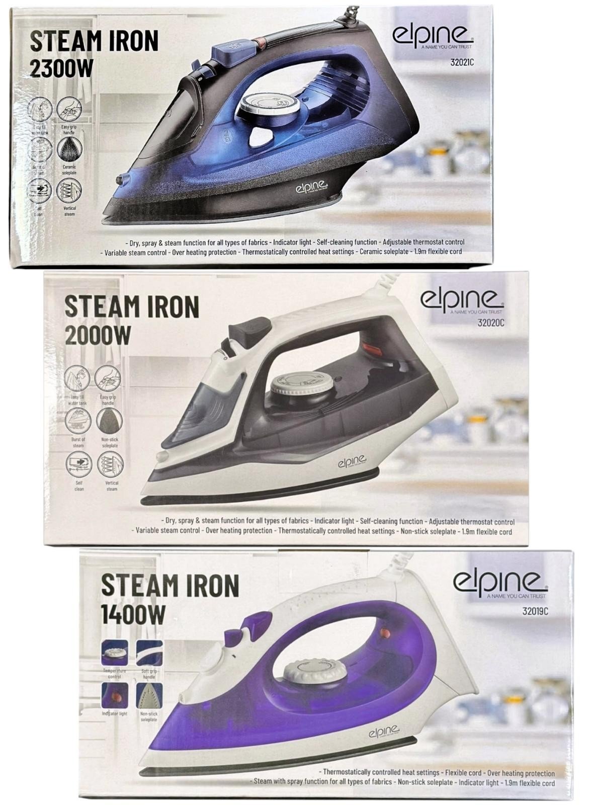 Elpine Steam Iron 1400W 2000W 2300W Electric Ceramic Soleplate Self Cleaning UK