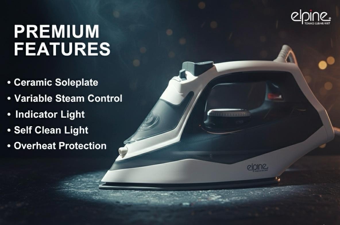 Elpine Steam Iron 1400W 2000W 2300W Electric Ceramic Soleplate Self Cleaning UK