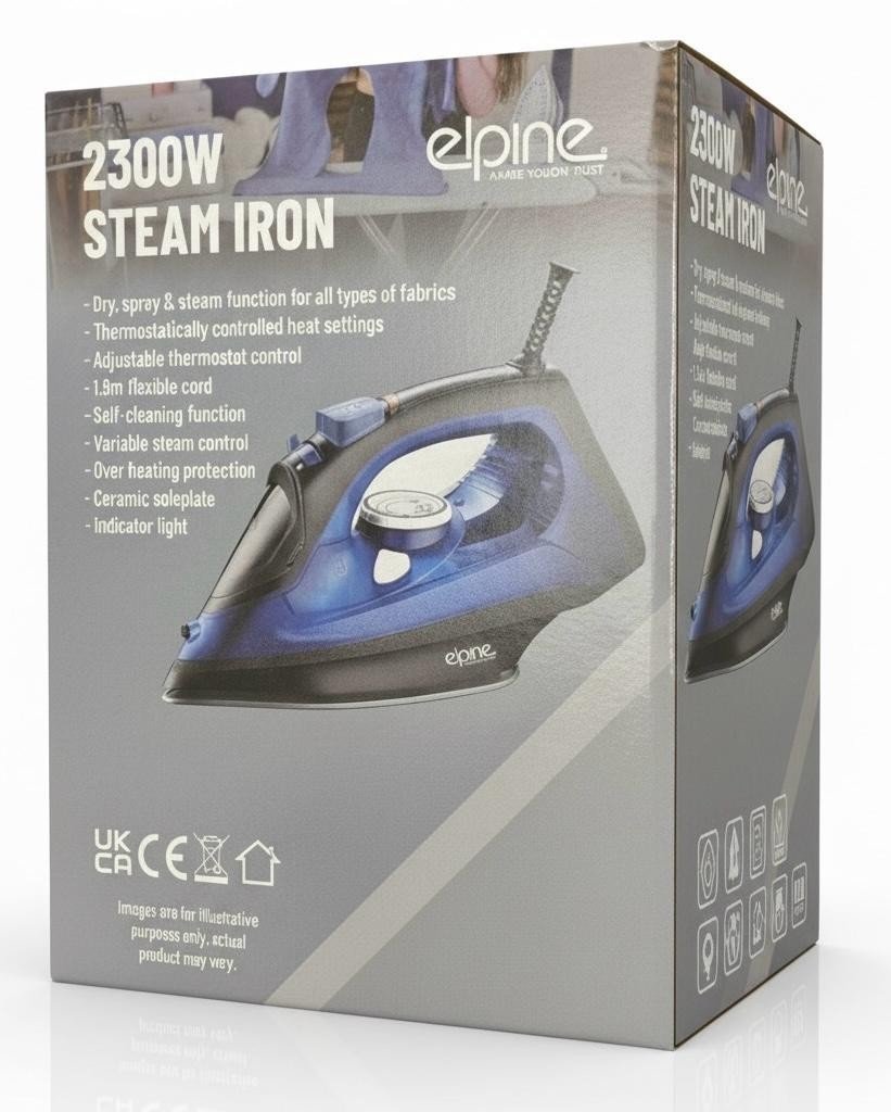 Elpine Steam Iron 1400W 2000W 2300W Electric Ceramic Soleplate Self Cleaning UK