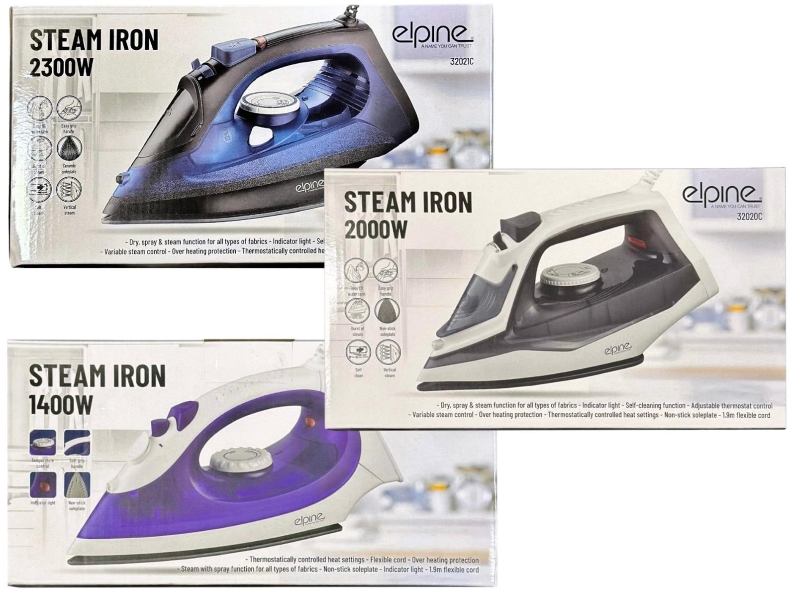 Elpine Steam Iron 1400W 2000W 2300W Electric Ceramic Soleplate Self Cleaning UK