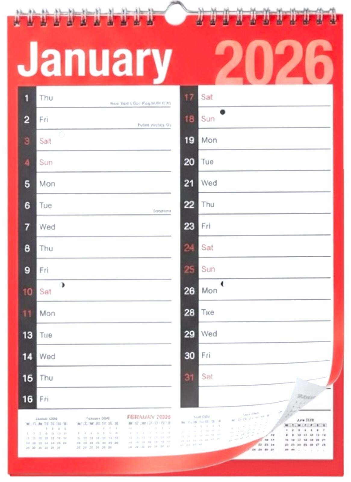 2026 Wall Calendar Slim Calendar A4 A3 Large Month to View, Easy View Planner UK