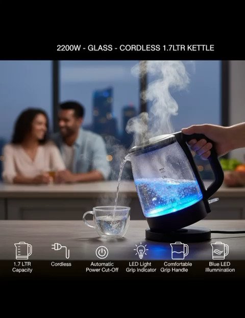 Electric Blue LED Illuminating Glass Jug Kettle Cordless 1.7L 2200W Tea Kettle