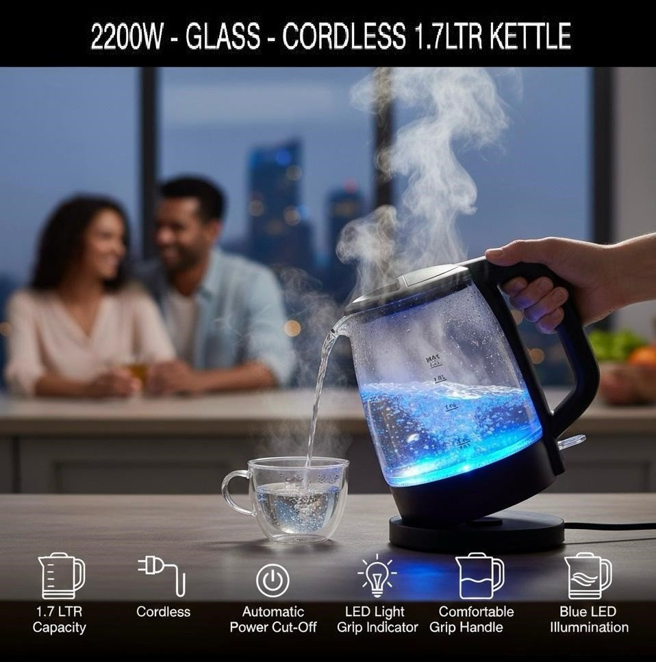 Electric Blue LED Illuminating Glass Jug Kettle Cordless 1.7L 2200W Tea Kettle