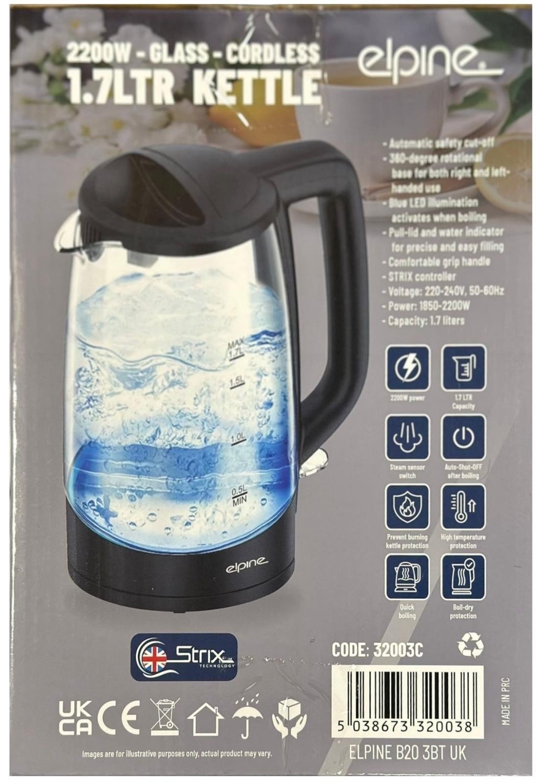 Electric Blue LED Illuminating Glass Jug Kettle Cordless 1.7L 2200W Tea Kettle