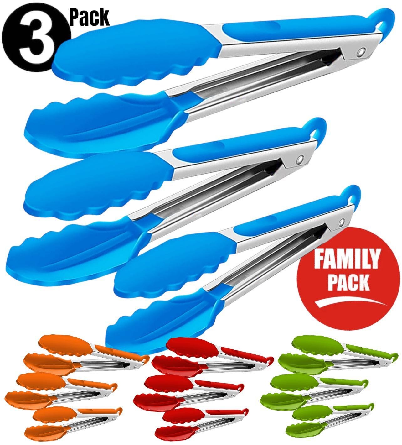 3 Silicone Kitchen Cooking Tong Salad Serving BBQ Stainless Steel Handle Utensil