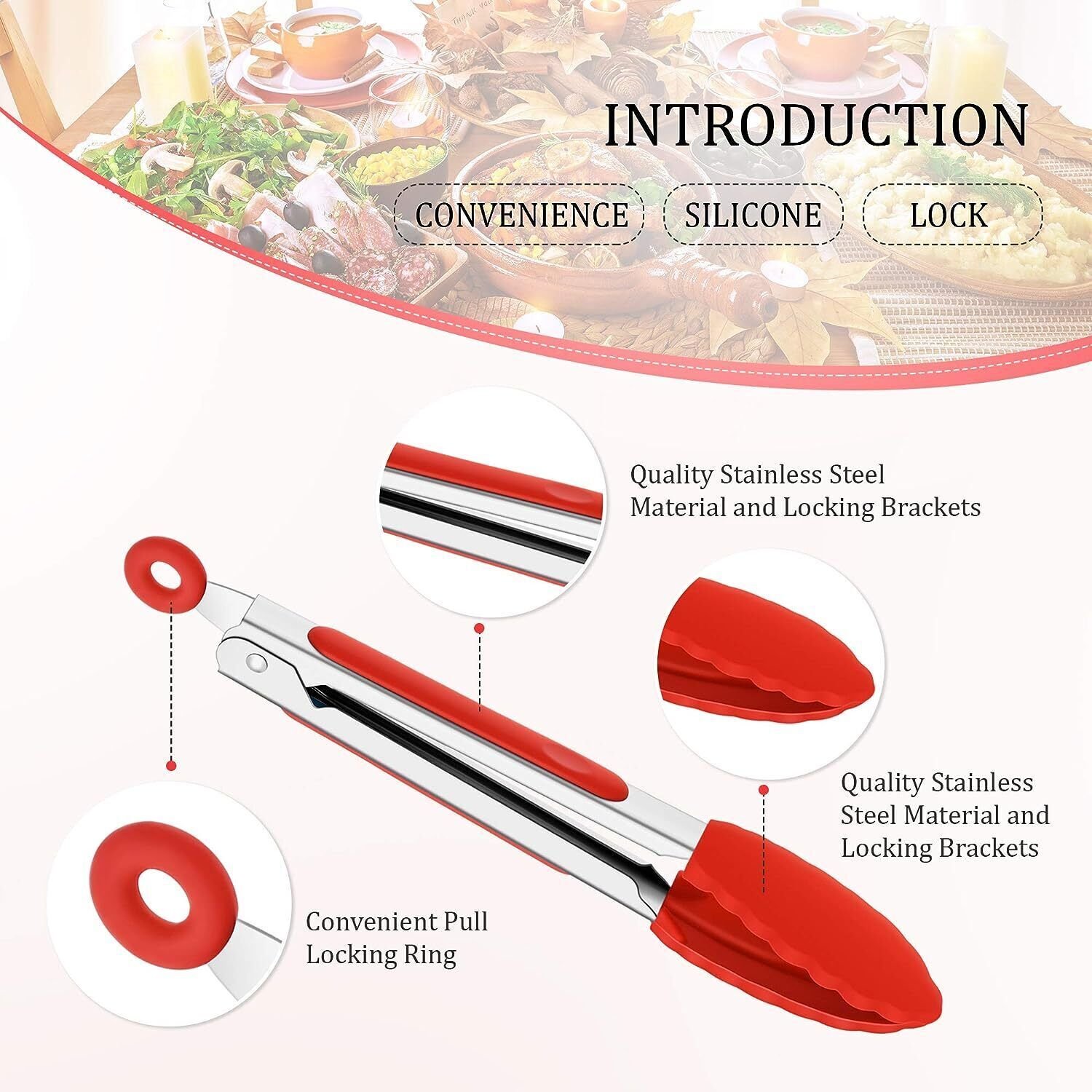 3 Silicone Kitchen Cooking Tong Salad Serving BBQ Stainless Steel Handle Utensil